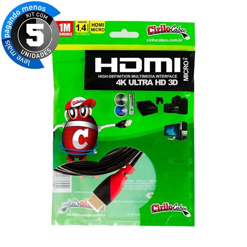 Kit com 5 Cabos MICRO HDMI para HDMI 1.4 Ultra HD 3D, 1 Metro - Cirilo Cabos
