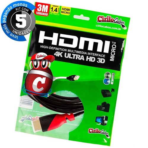 Kit com 5 Cabos MICRO HDMI para HDMI 1.4 Ultra HD 3D, 3 Metros - Cirilo Cabos