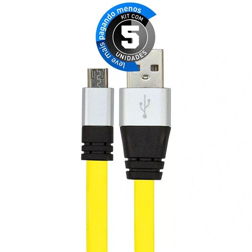 Kit com 5 Cabos Micro USB Flat Celular de Silicone Carregador e Dados Amarelo