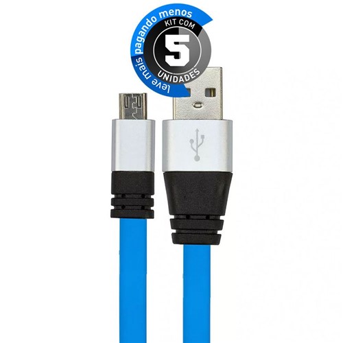 Kit com 5 Cabos Micro USB Flat Celular de Silicone Carregador e Dados Azul