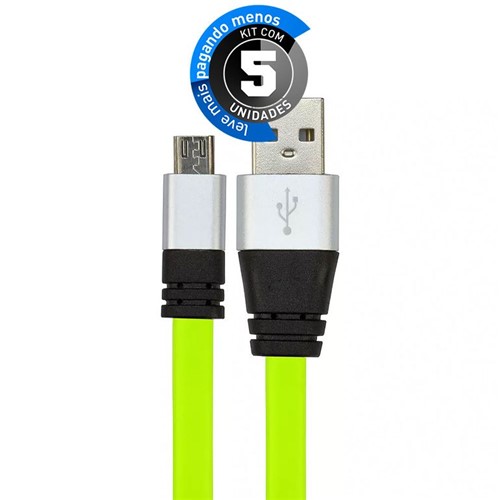 Kit com 5 Cabos Micro USB Flat Celular de Silicone Carregador e Dados Verde