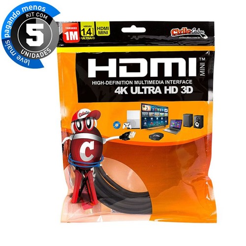 Kit com 5 Cabos MINI HDMI para HDMI 1.4 Ultra HD 3D, 1 Metro - Cirilo Cabos