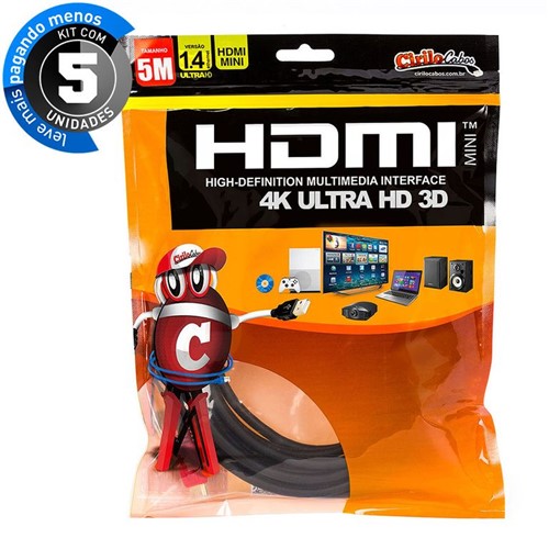 Kit com 5 Cabos MINI HDMI para HDMI 1.4 Ultra HD 3D, 5 Metros - Cirilo Cabos