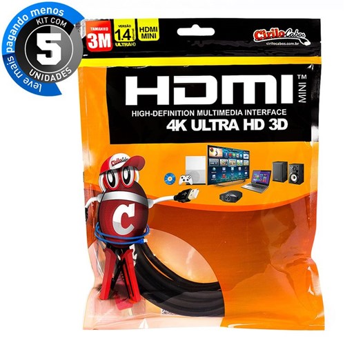 Kit com 5 Cabos MINI HDMI para HDMI 1.4 Ultra HD 3D, 3 Metros - Cirilo Cabos
