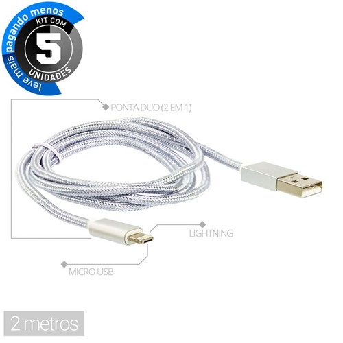 Kit com 5 Cabos USB para Android e Iphone 2 em 1 (Micro USB e Lightning) 2 Metros