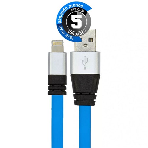 Kit com 5 Cabos USB Silicone Carregador e Dados IPhone 5 Até 10 Azul