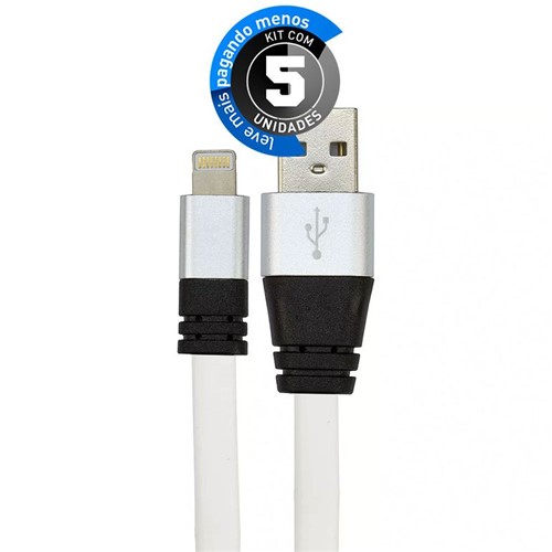 Kit com 5 Cabos USB Silicone Carregador e Dados IPhone 5 Até 10 Branco