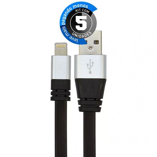 Kit com 5 Cabos USB Silicone Carregador e Dados IPhone 5 Até 10 Preto