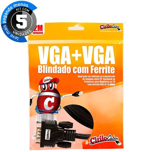 Kit com 5 Cabos VGA Blindado com Ferrite, 2 Metros - Cirilo Cabos
