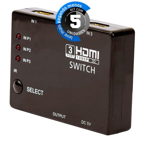 Kit com 5 Switch 3x1 HDMI FULL HD 1080p 3D com Controle