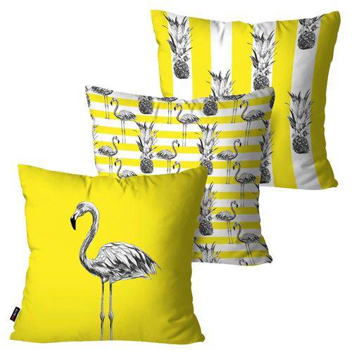 Kit com 3 Almofadas Decorativas Amarelo Flamingos