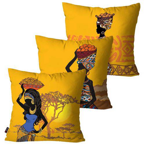 Kit com 3 Almofadas Decorativas Amarelo Mulheres Africanas