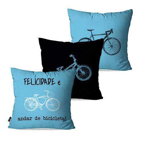 Kit com 3 Almofadas Decorativas Azul Bicicleta Felicidade