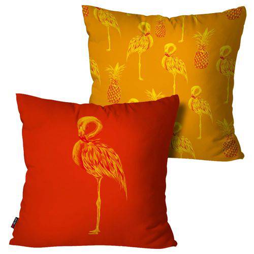 Kit com 2 Almofadas Decorativas Laranja Flamingos