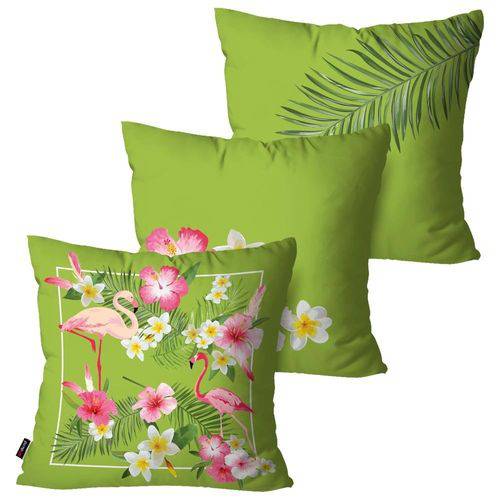 Kit com 3 Almofadas Decorativas Verde Flores e Flamingos