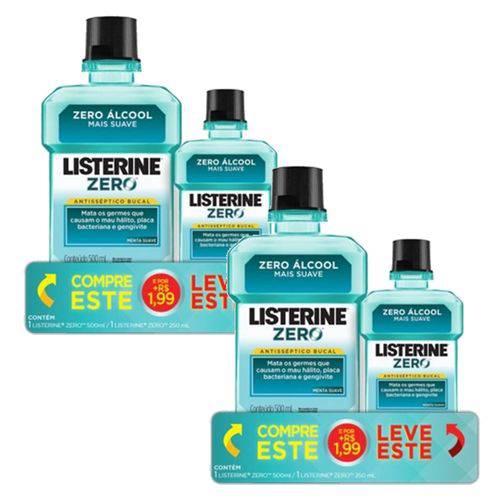 Kit com 2 Antissépticos Bucal Listerine Zero Compre 500mL + R$ 1,99 Leve 250mL