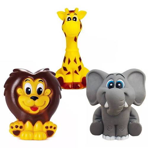 Kit com 3 Brinquedos de Vinil para Bebê ZOO - Leão - Girafa - Elefante