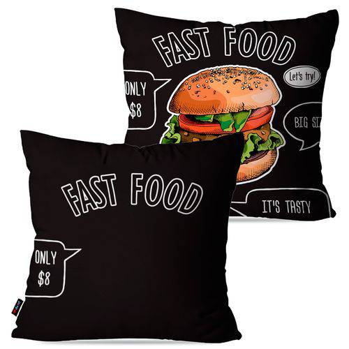Kit com 2 Capas para Almofadas Decorativas Preto Fast Food