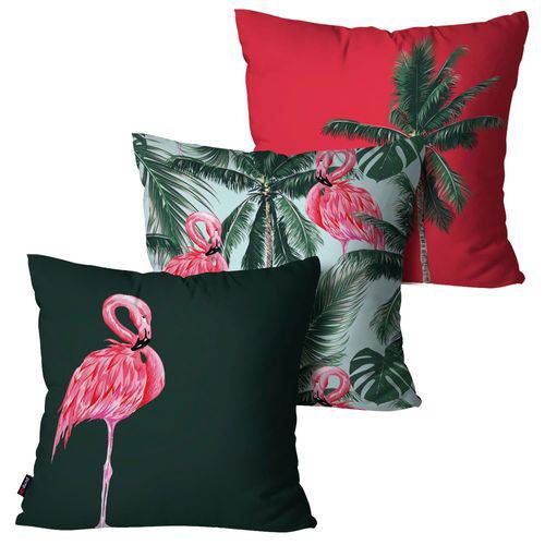Kit com 3 Capas para Almofadas Decorativas Vermelho Flamingo Summer