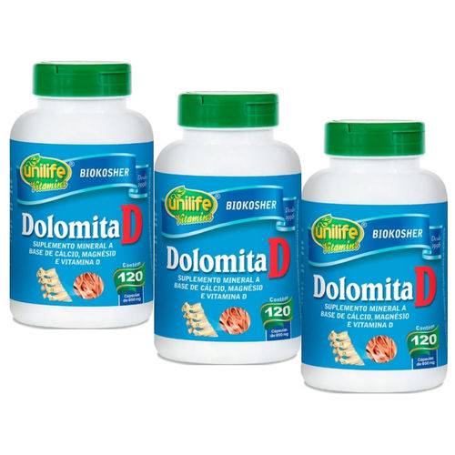 Kit com 3 Dolomita com Vitamina D - Unilife - 120 Cápsulas
