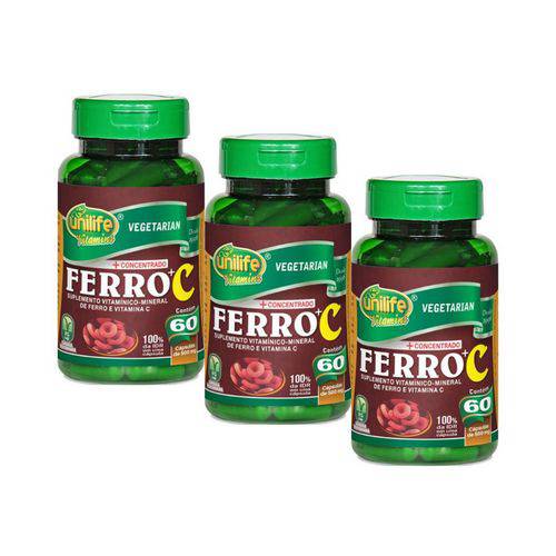 Kit com 3 Ferro e Vitamina C 500mg Concentrado - Unilife - 60 Cápsulas
