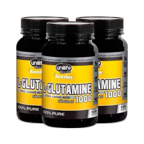 Kit com 3 L-Glutamina 100% Pura - Unilife - 120 Cápsulas