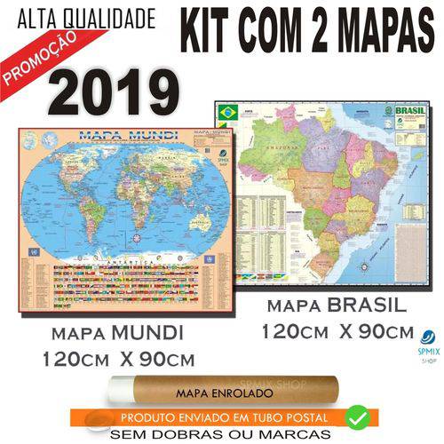Kit com 2 Mapas: 1 Mundi + 1 Brasil Escolar 120 Cm X 90 Cm ( GRANDE) Edição 2019 ENROLADO em TUBO