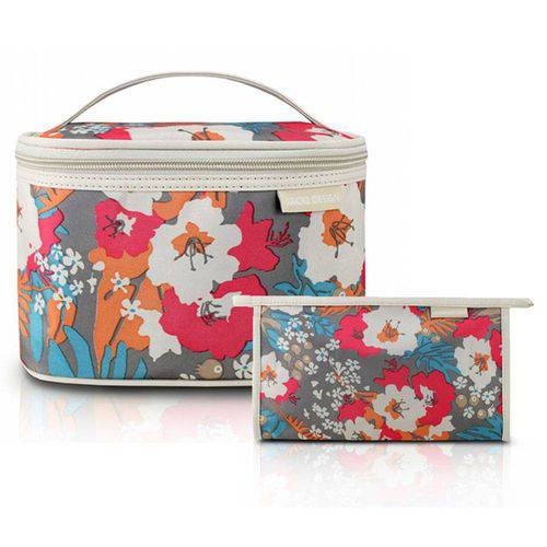 Kit com Necessaire + Frasqueira para Viagem Bege Floral - Jacki Design