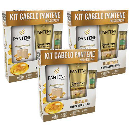 Kit com 3 Pantene Hidratação Shampoo 400ml + Condicionador 3 Minutos + Ampola 15ml