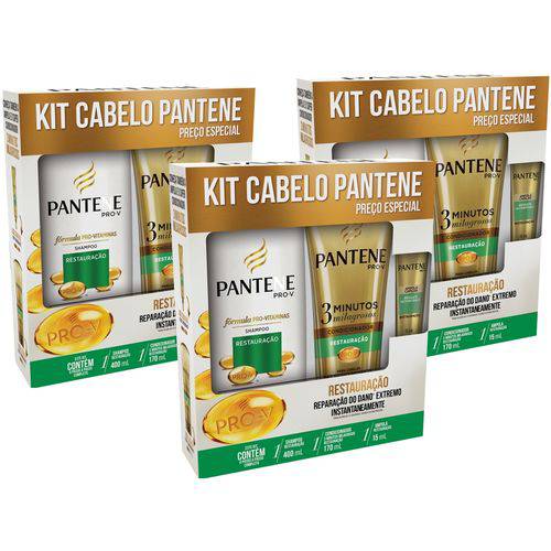 Kit com 3 Pantene Restauração Shampoo 400ml + Condicionador 3 Minutos + Ampola 15ml