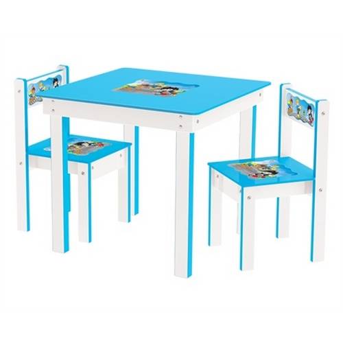Kit Conjunto Mesa Infantil em Madeira + 2 Cadeiras Azul Mesinha Didatica Meninos Junges