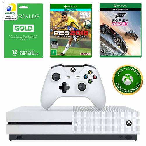 Kit Console Microsoft Xbox One S 500gb com Jogo Forza Horizon 3 + Jogo Pes 2018 +live 12 Meses