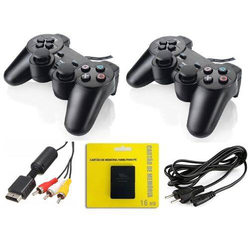 Kit 2 Controles Ps2 + Cabo Energia + Cabo Av + M. Card 16mb