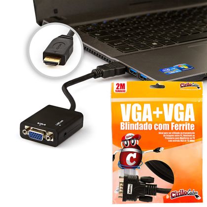 Kit Conversor HDMI para VGA com Áudio + Cabo VGA 2 Metros