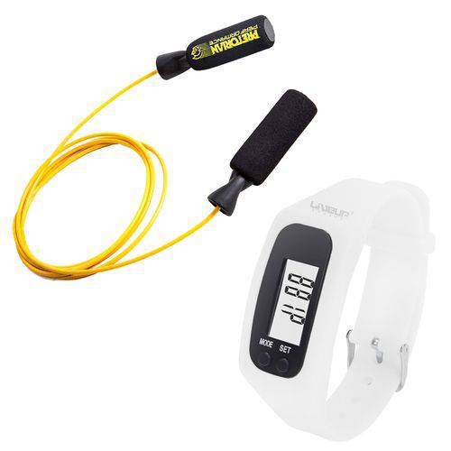 Kit Corda de Pular em Aço Revestido Amarela Pretorian + Relógio Pedômetro Branco Liveup Ls3348b