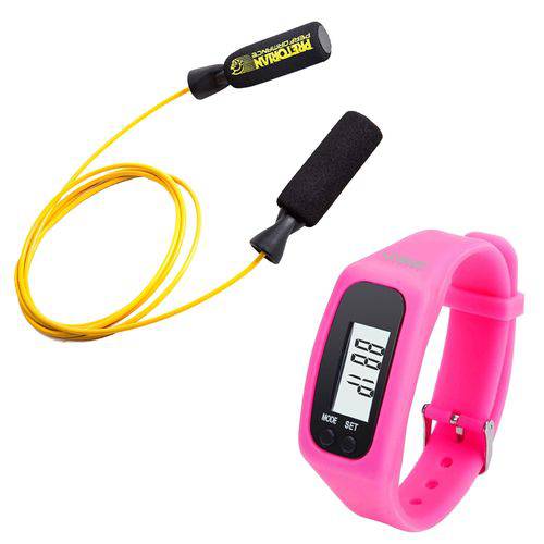 Kit Corda de Pular em Aço Revestido Amarela Pretorian + Relógio Pedômetro Rosa Liveup Ls3348r