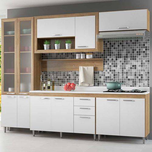 Kit Cozinha 7 Módulos 5723-T12T com Vidro e Tampo - Toscana - Multimóveis Argila/branco/branco