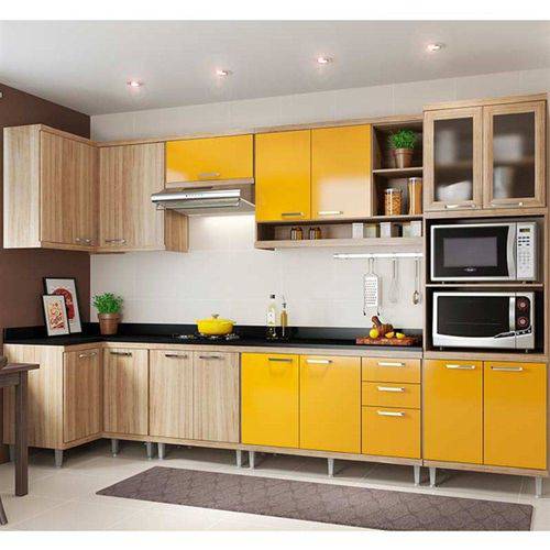 Kit Cozinha 8 Módulos com Vidro e com Tampo Multimóveis Sicília 5831 Argila/Amarelo