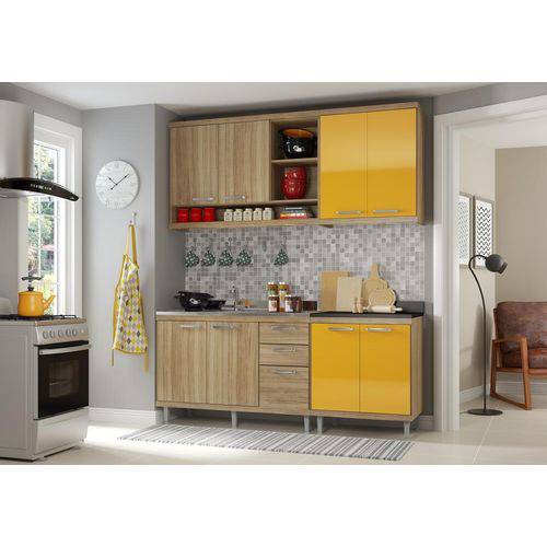 Kit Cozinha Sicília Modulada 4 Peças 5818-S10 Balcão Duplo com Tampo - Argila/Amarelo - Multimóveis