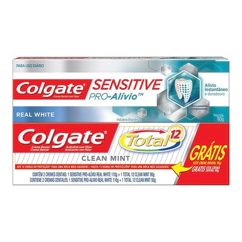Kit Creme Dental Colgate Sensitive Pro-Alivio Real White 110g + Grátis Colgate Total 12 Clean Mint com 90g