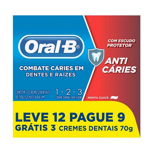Kit Creme Dental Oral B 123 Anti Cáries Menta Suave Leve 12 Pague 9 com 70g Cada
