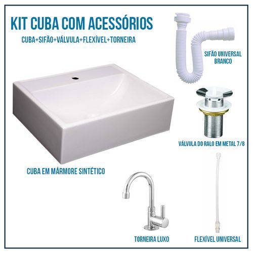 Kit Cuba Pia para Banheiro Retangular Jacuzzi 47 Cm + Válvula 7/8 + Torneira 1/4 + Sifão + Flexível