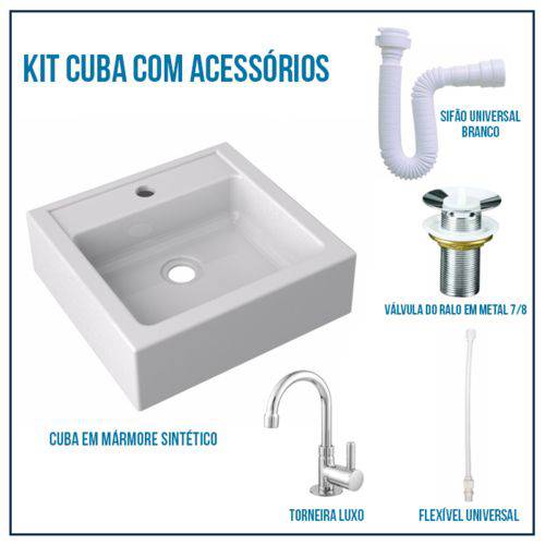 Kit Cuba Pia para Banheiro Retangular Modelo Jully + Válvula 7/8 + Torneira 1/4 + Sifão + Flexível