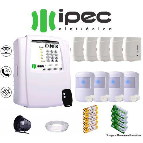 Kit de Alarme Residencial IPEC 5 Sensores Magnéticos 4 Sensores Infravermelho S/ Fio C/ Cabo