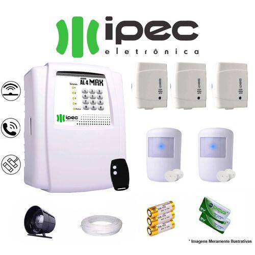 Kit de Alarme Residencial IPEC 3 Sensores Magnéticos 2 Sensores Infravermelho S/ Fio C/ Cabo