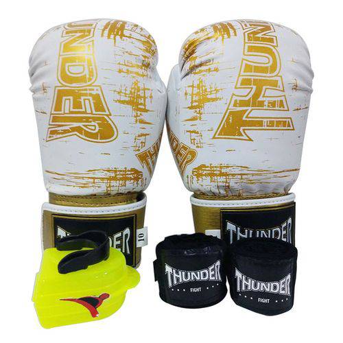 Kit de Boxe / Muay Thai 10oz - Branco Riscado Dourado - Thunder Fight