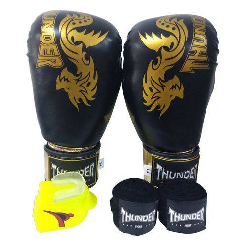 Kit de Boxe / Muay Thai 14oz - Dragão Preto com Dourado - Thunder Fight