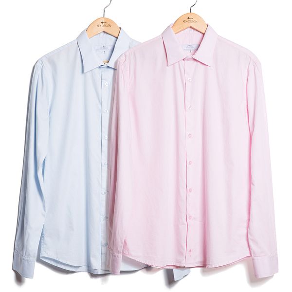 Kit de 2 Camisas de Algodão S/ Bolso - Azul Claro e Rosa Claro