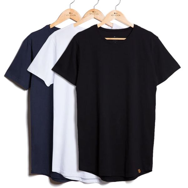 Kit de 3 Camisetas Longline - Azul Marinho, Branca e Preta