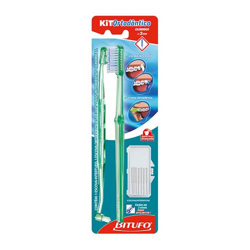 Kit de Higiene Dental Ortodôntico Cilíndrico com 1 Escova Ortodôntica 32 Tufos 1 Escova Intertufo